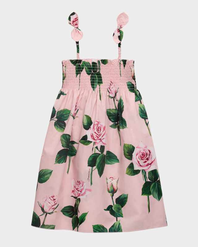 Girl's Rose-Print Smocked Sundress, Size 8-14